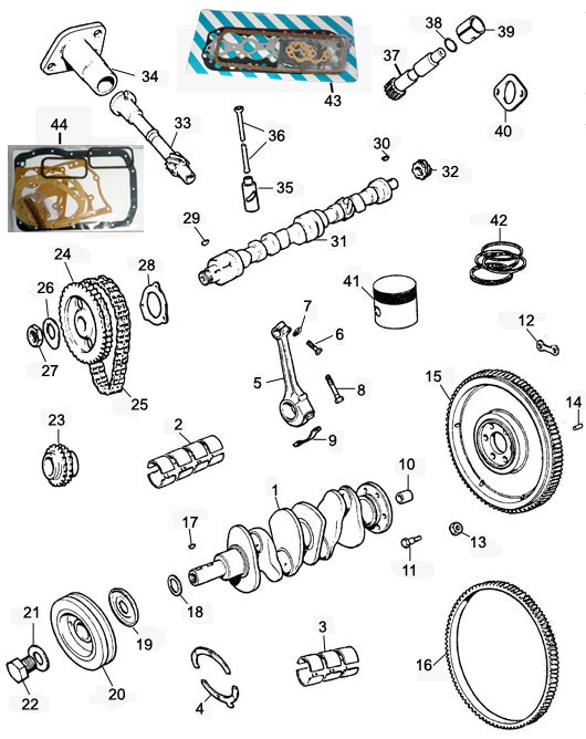 3 bearing Crankshaft. Pistons. Rods. Flywheel. Bearings. Cam etc. 3 bearing Crankshaft. Pistons. Rods. Flywheel. Bearings. Cam etc.