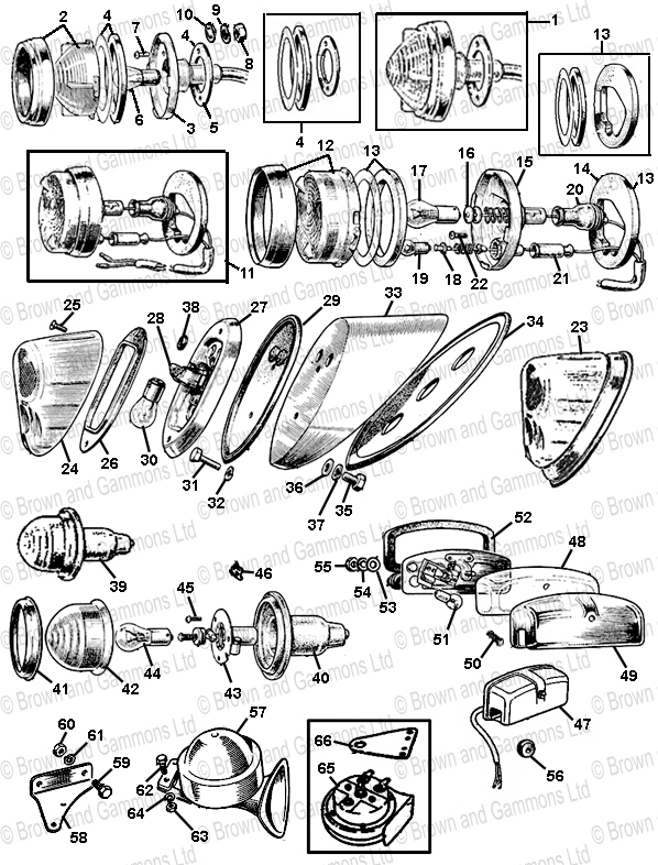 Side Tail & Number Plate Lamps. Horns
