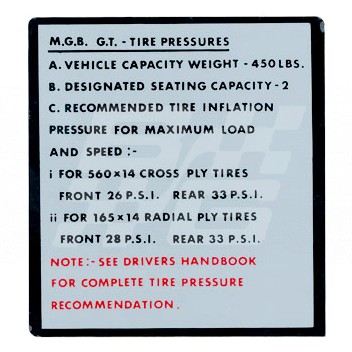 Image for TIRE PRESSURE MGB GT TO 1975